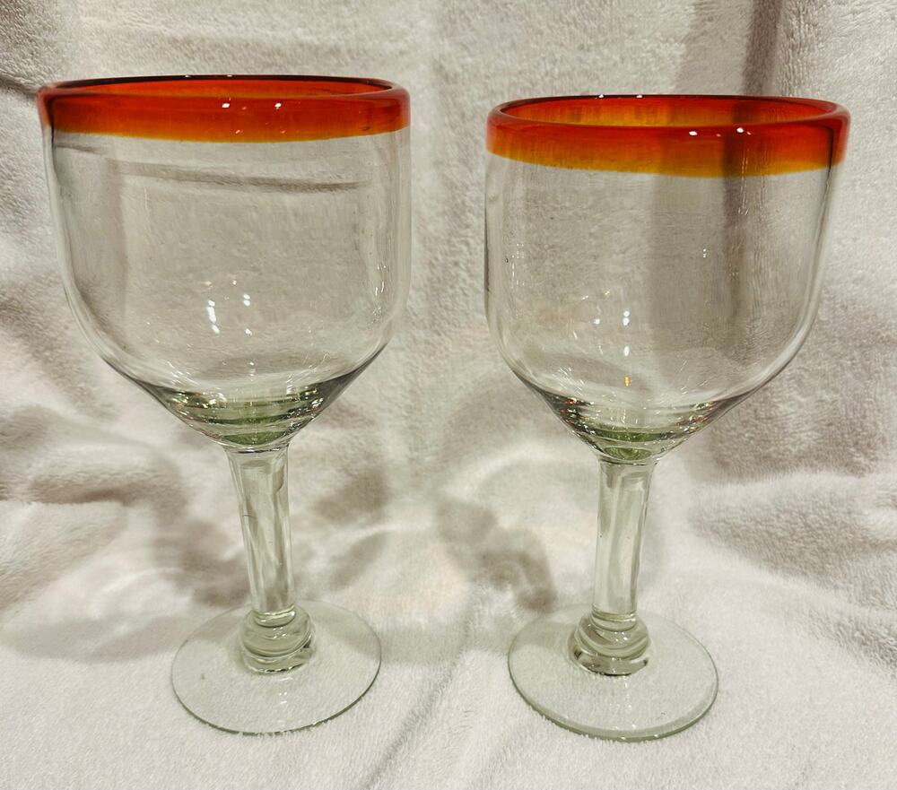 MEXICAN Wine Glasses Hand Blown Orange Rim Set of 2 water goblets 7.5” tall